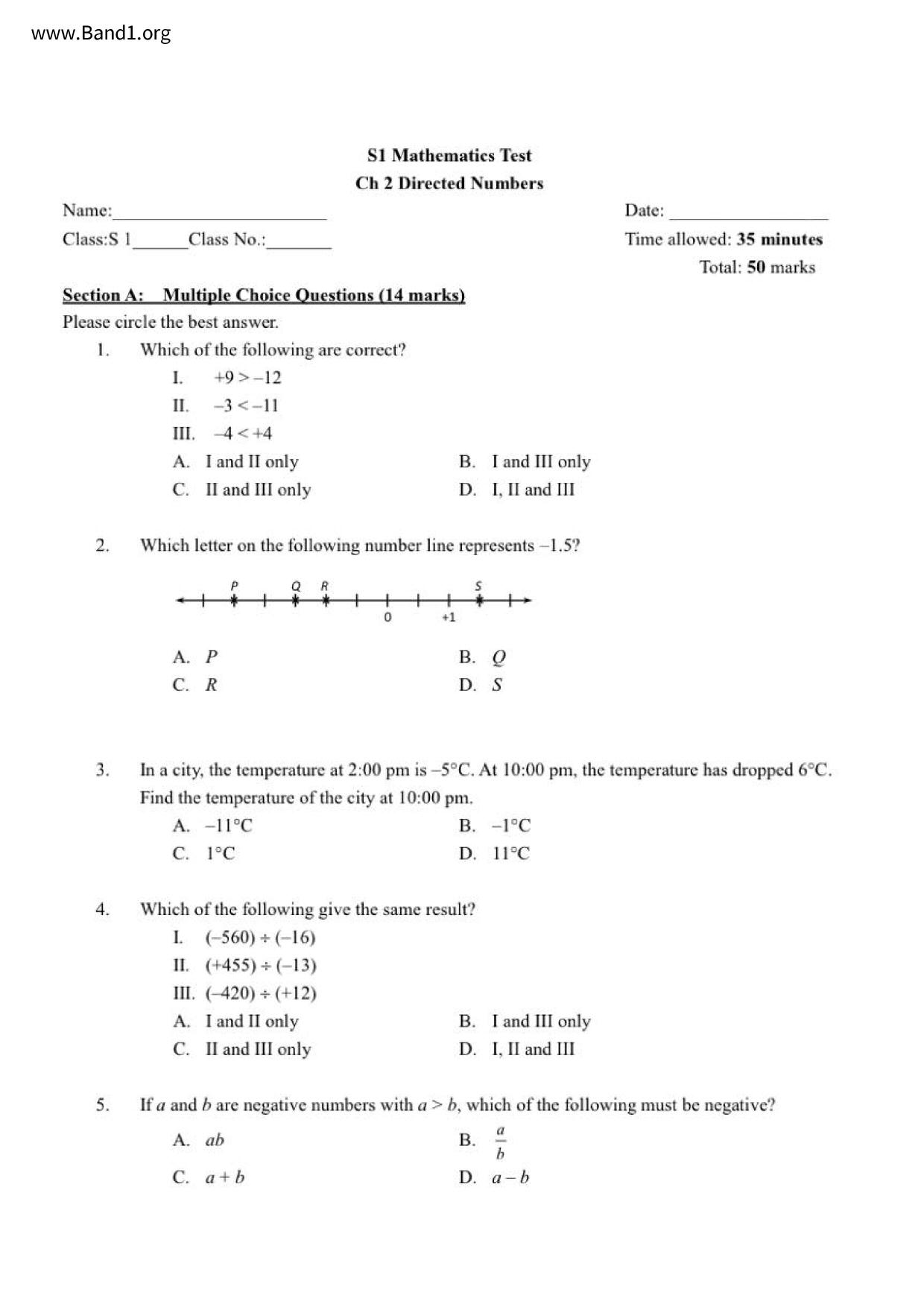 中一數學F1 Maths 免費Pdf試卷Past Paper Band1.Org