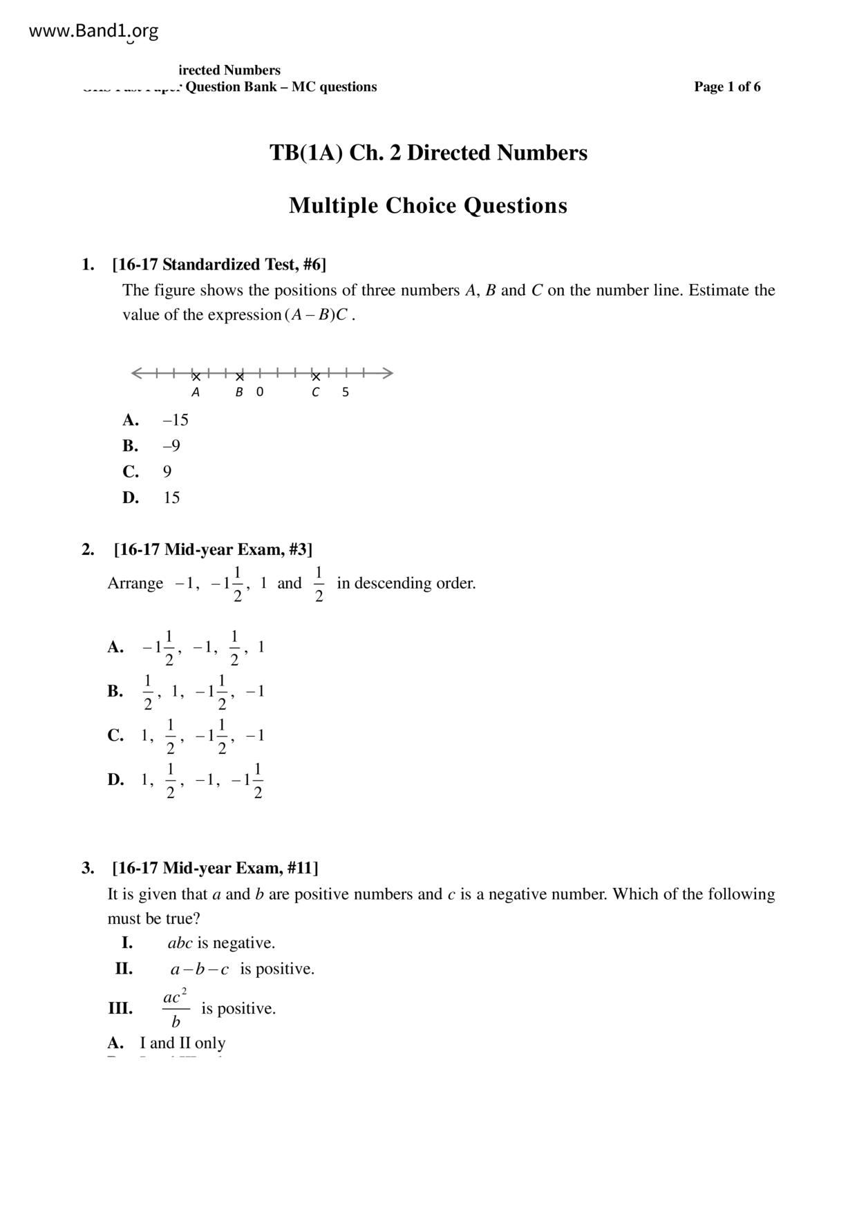 中一數學F1 Maths 免費Pdf試卷Past Paper Band1.Org