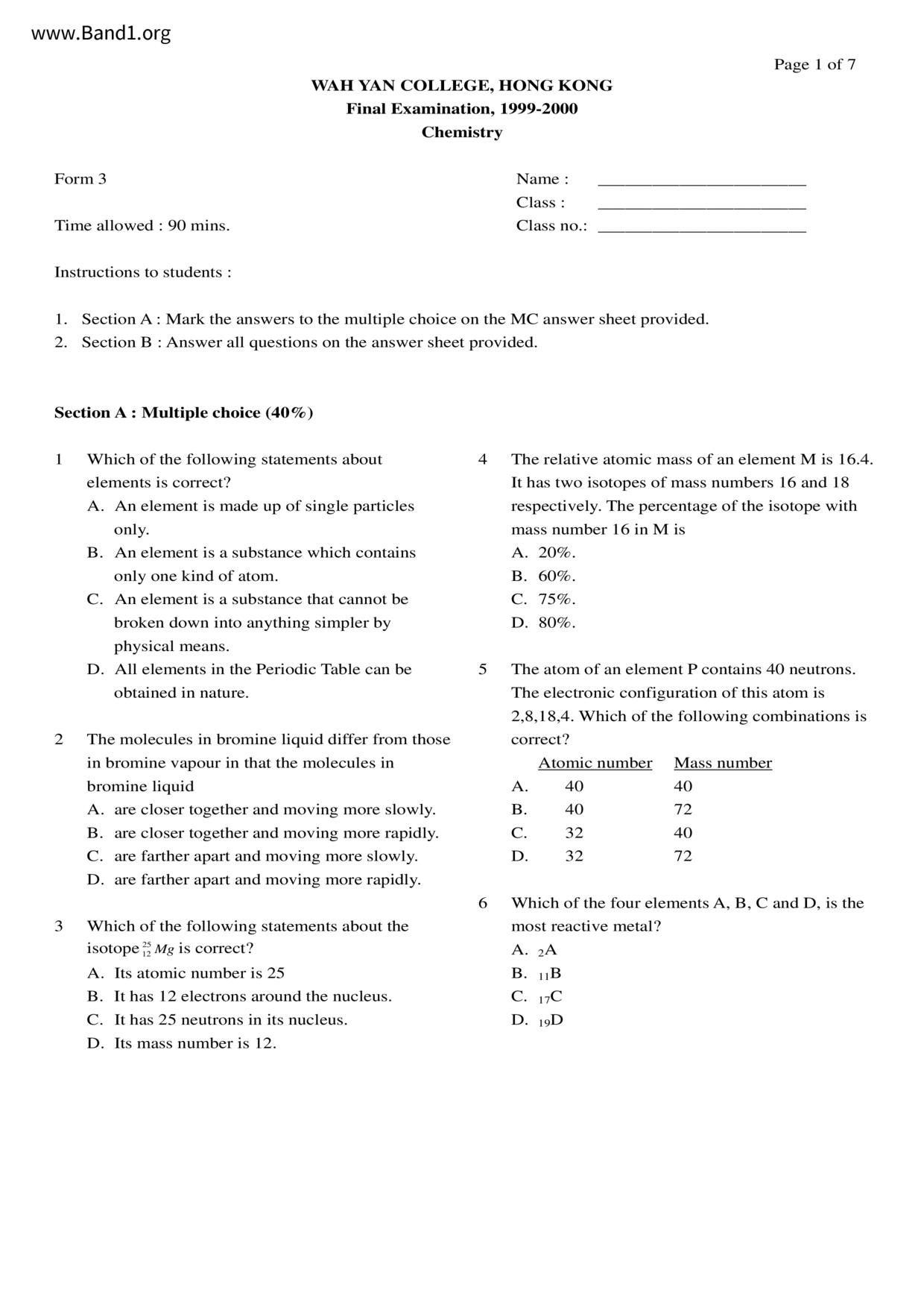 F3Chemistry試卷