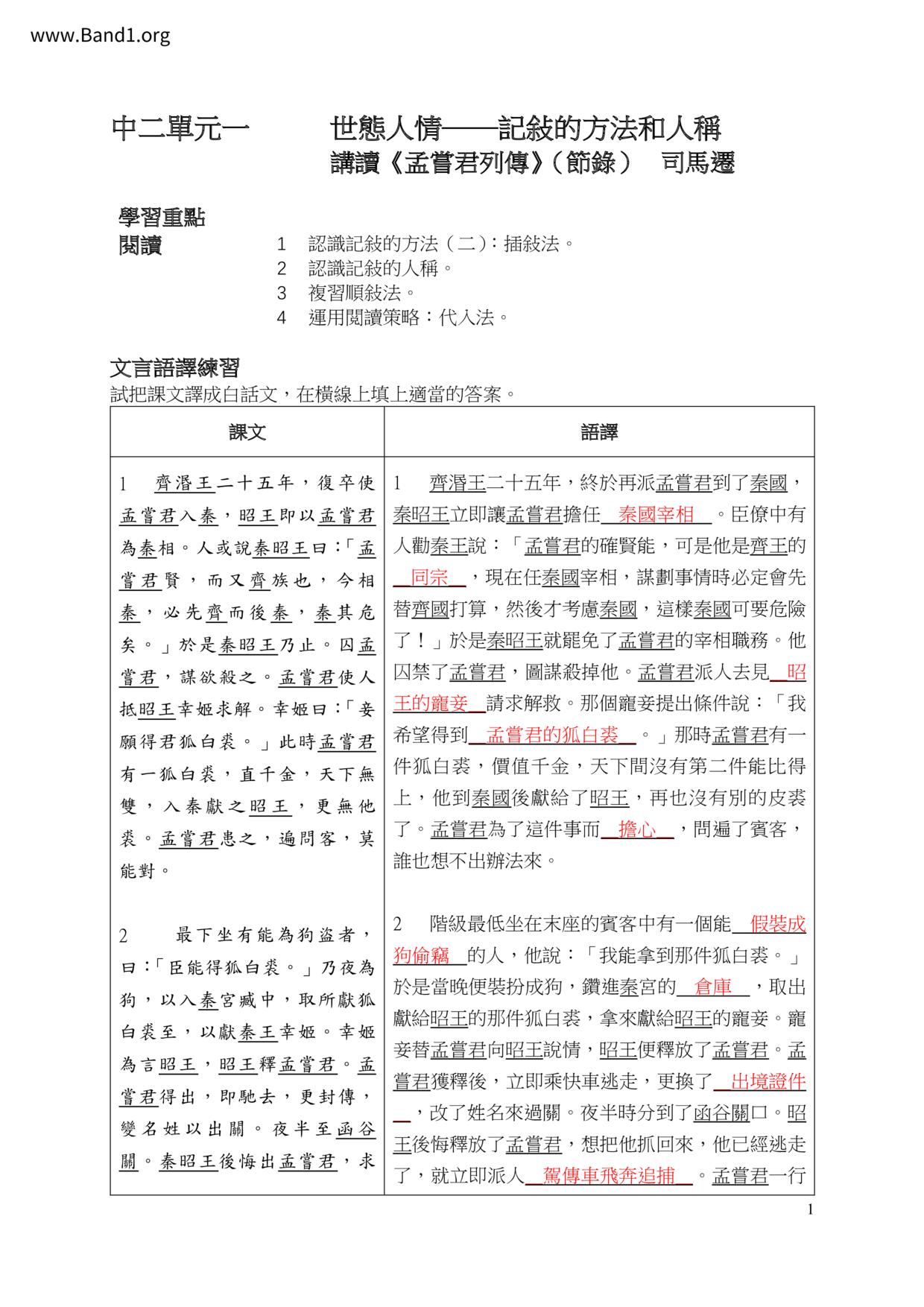 F2Chinese孟嘗君列傳筆記