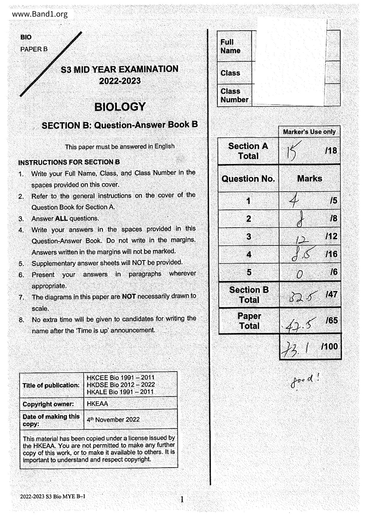 F3Biology試卷