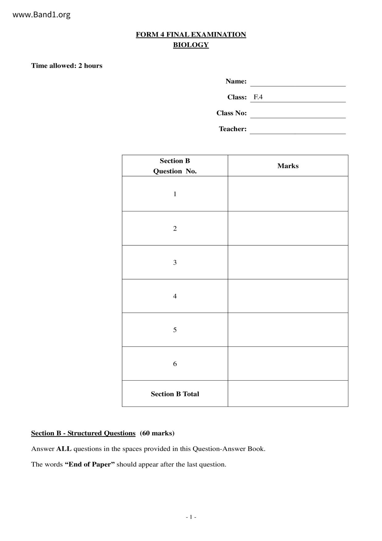 F4Biology試卷