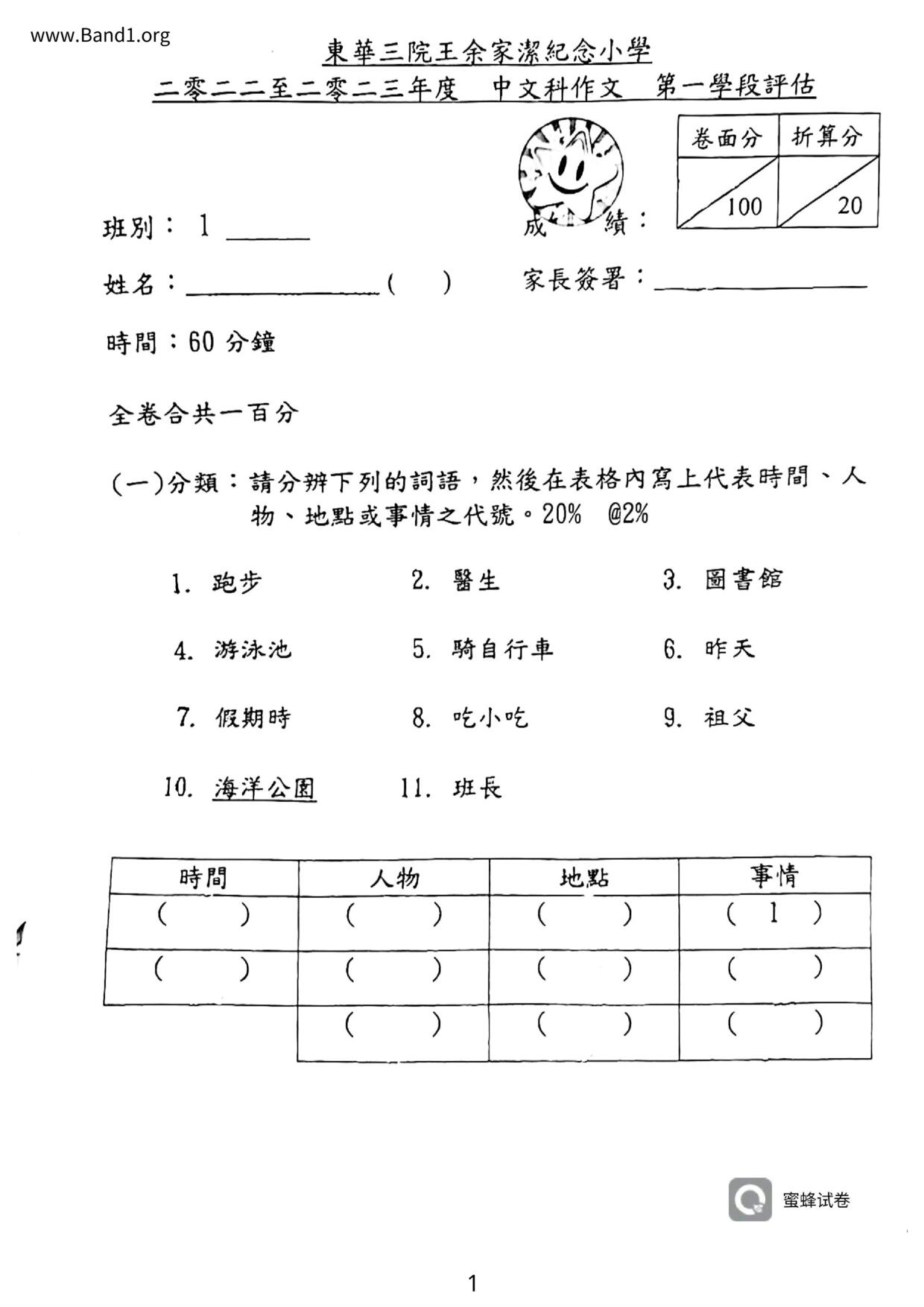 P1Chinese試卷