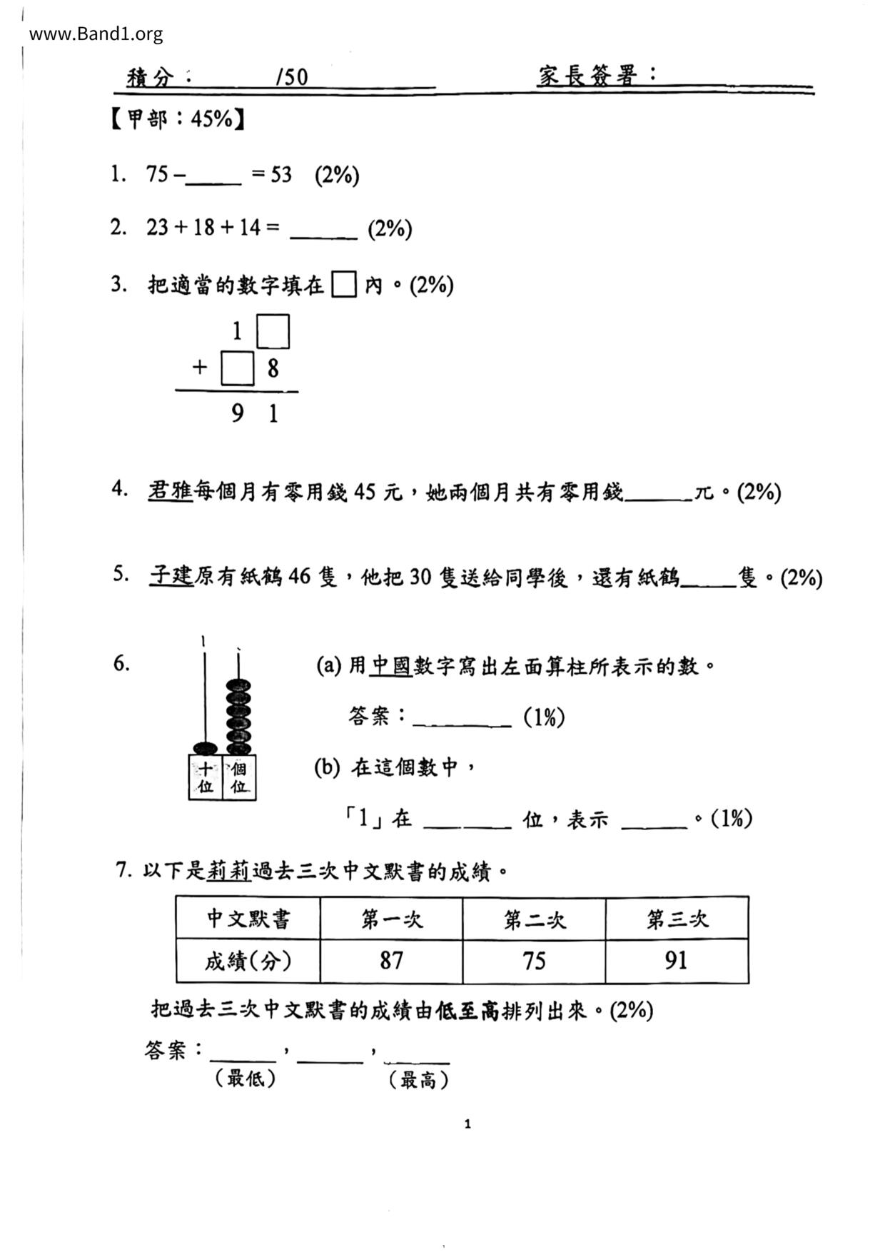 P1Maths試卷